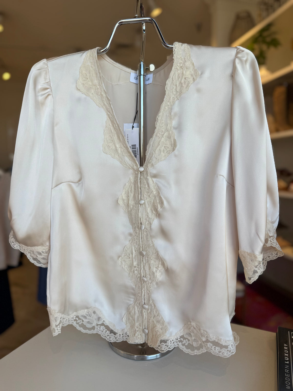 Maycee Satin Lace V Neck Blouse in Ecru