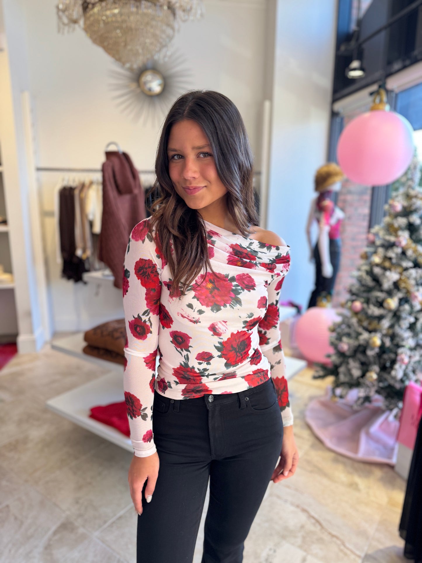 AFRM Barry Off The Shoulder Top in Ivory Painted Rose