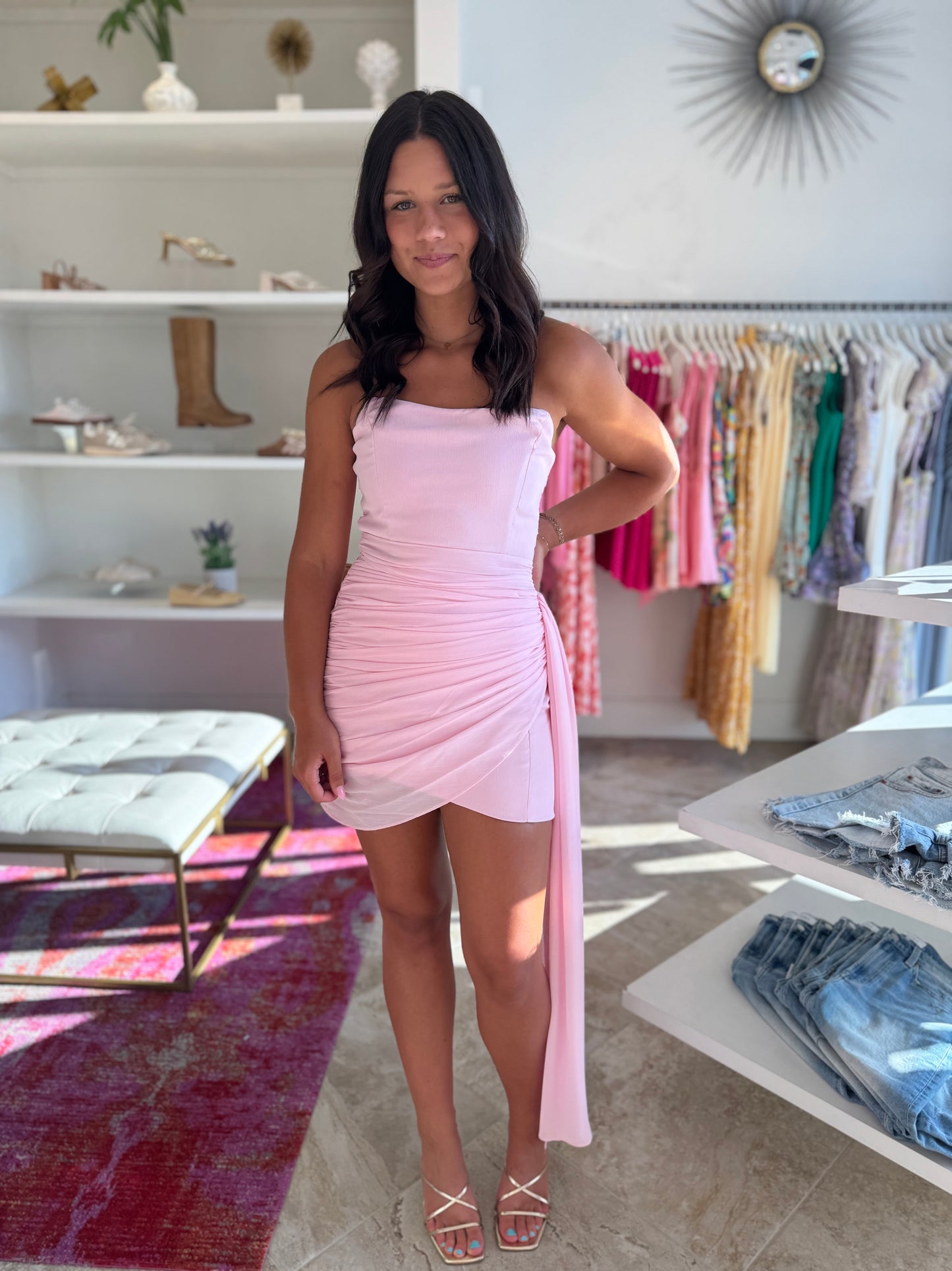 Mikaela Chiffon Strapless Mini Dress in Light Pink
