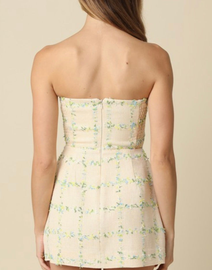 Gigi Tweed Strapless Mini Dress in Light Yellow