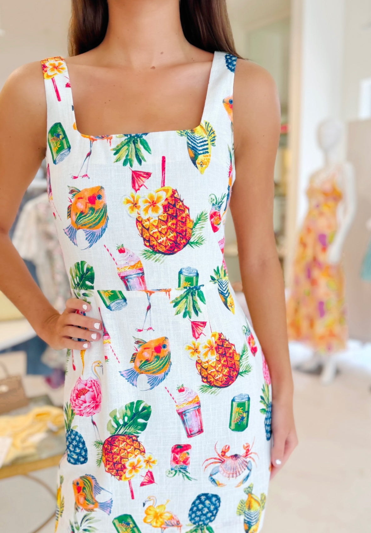 Moon River Square Neck Colorful Print Mini Dress