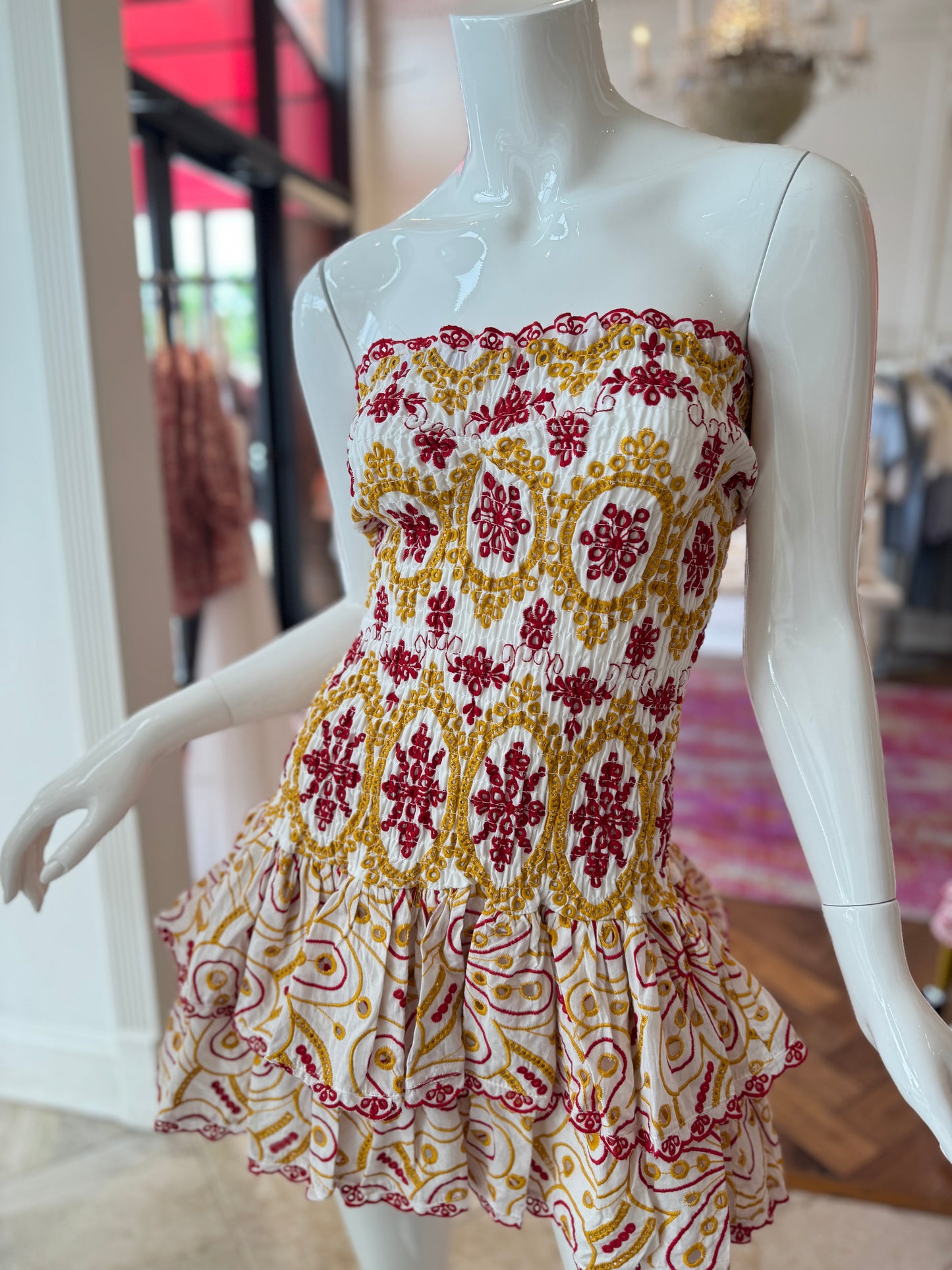 Catherine Strapless Eyelet Dress in Orange