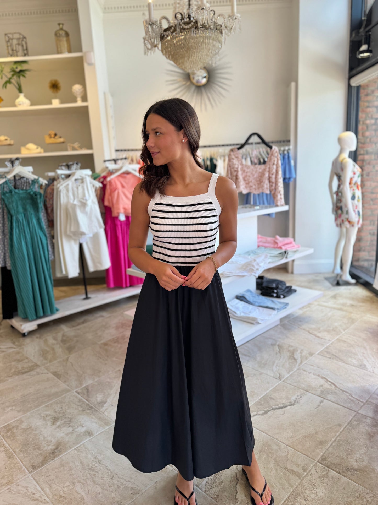 Moon River Square Neck Sweater Top Striped Woven Skirt Midi Dress