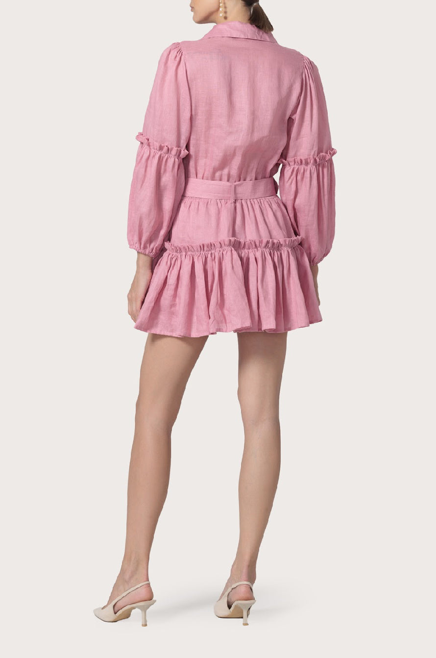 Lusana Lucia Belted Mini Linen Dress in Rose