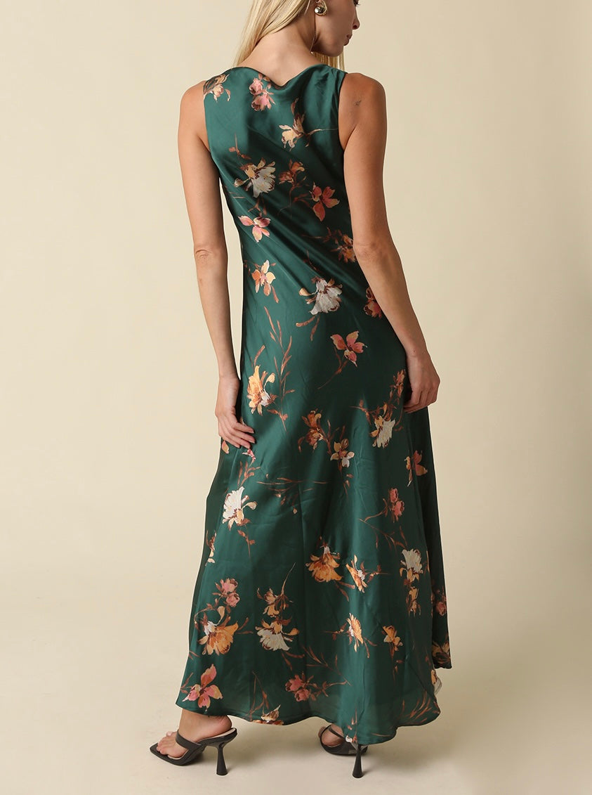 Denver Floral Maxi Dress in Dark Green Peach
