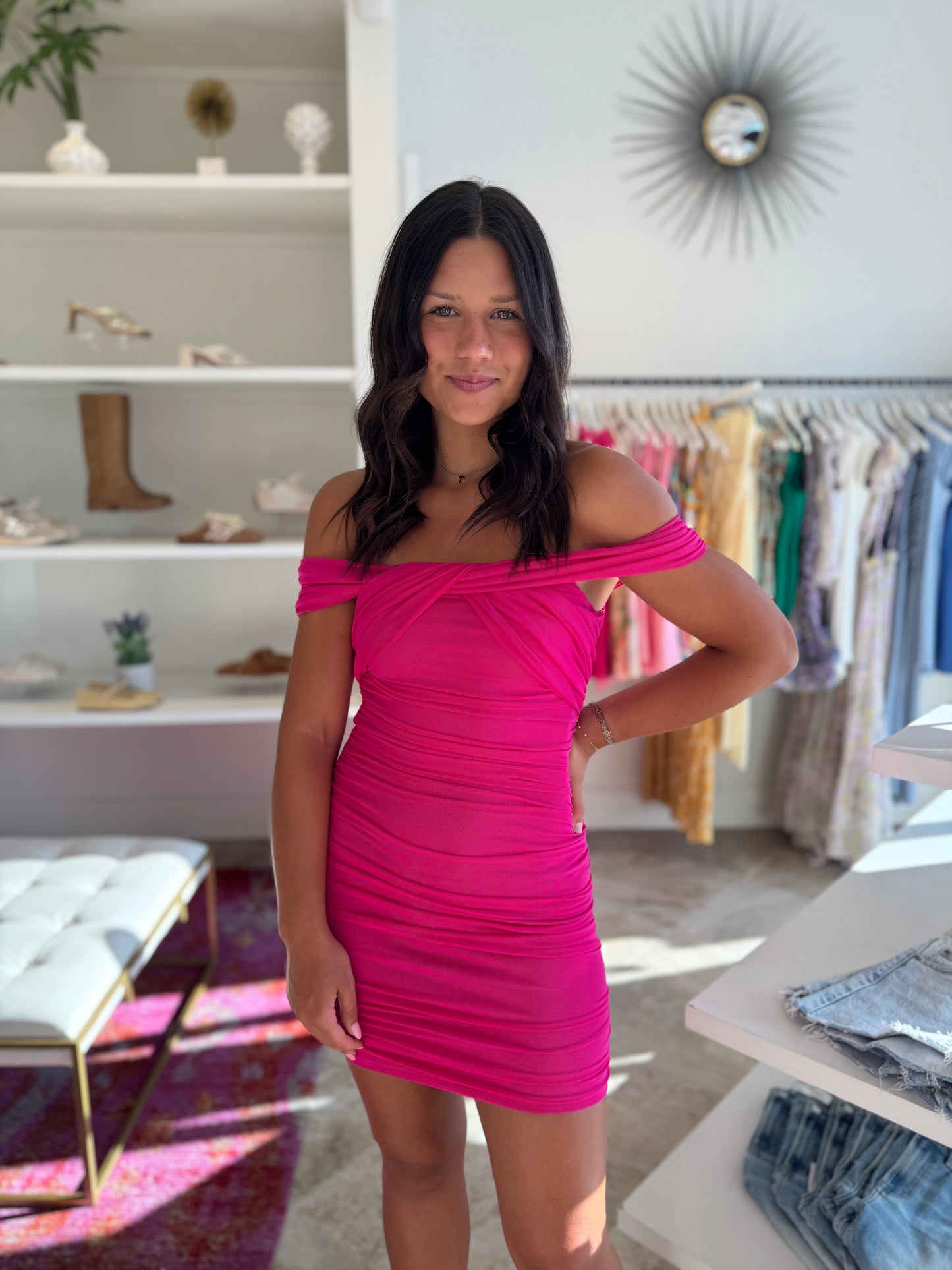 Harper Off The Shoulder Mesh Mini Dress in Fuschia