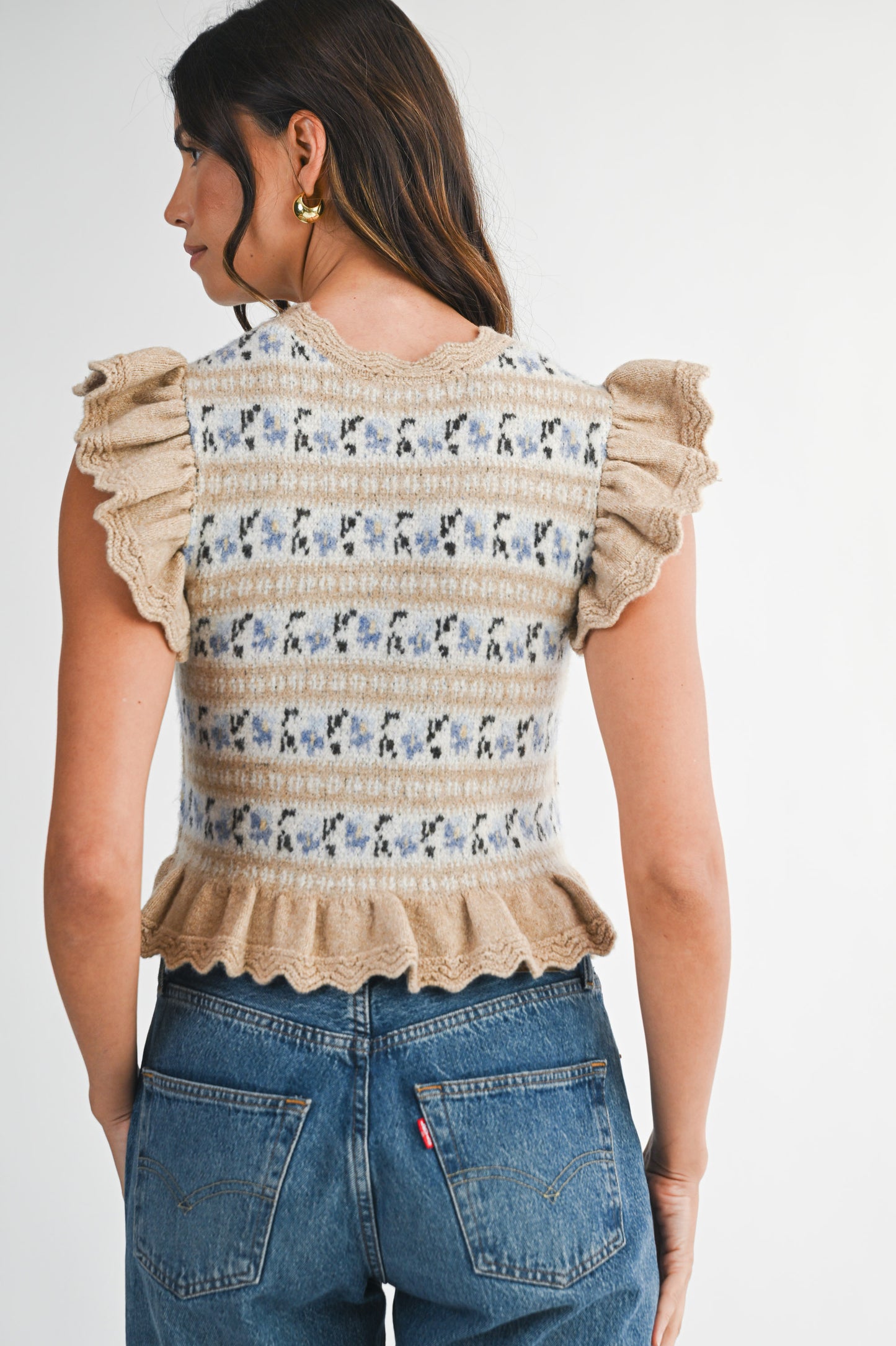 Poteet Jacquard Ruffle Knit Sweater in Light Taupe