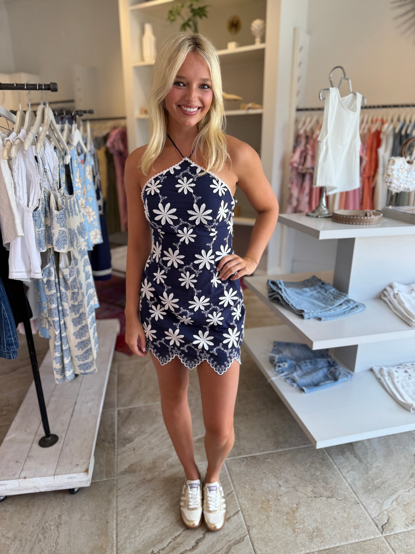 Blythe Embroidered Scallop Halter Neck Dress in Navy