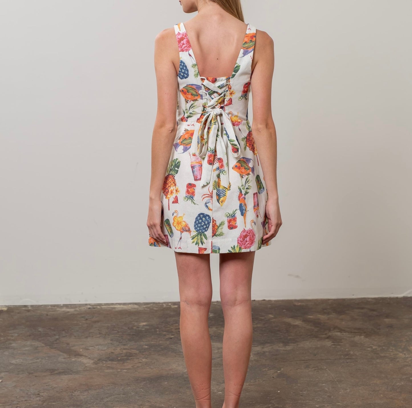 Moon River Square Neck Colorful Print Mini Dress