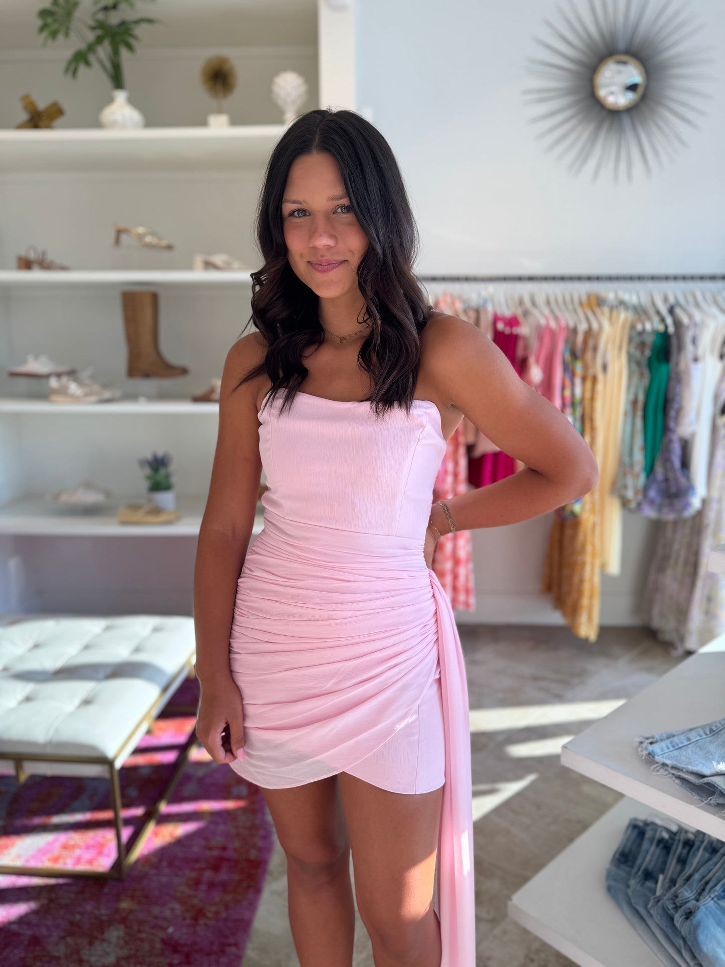 Mikaela Chiffon Strapless Mini Dress in Light Pink