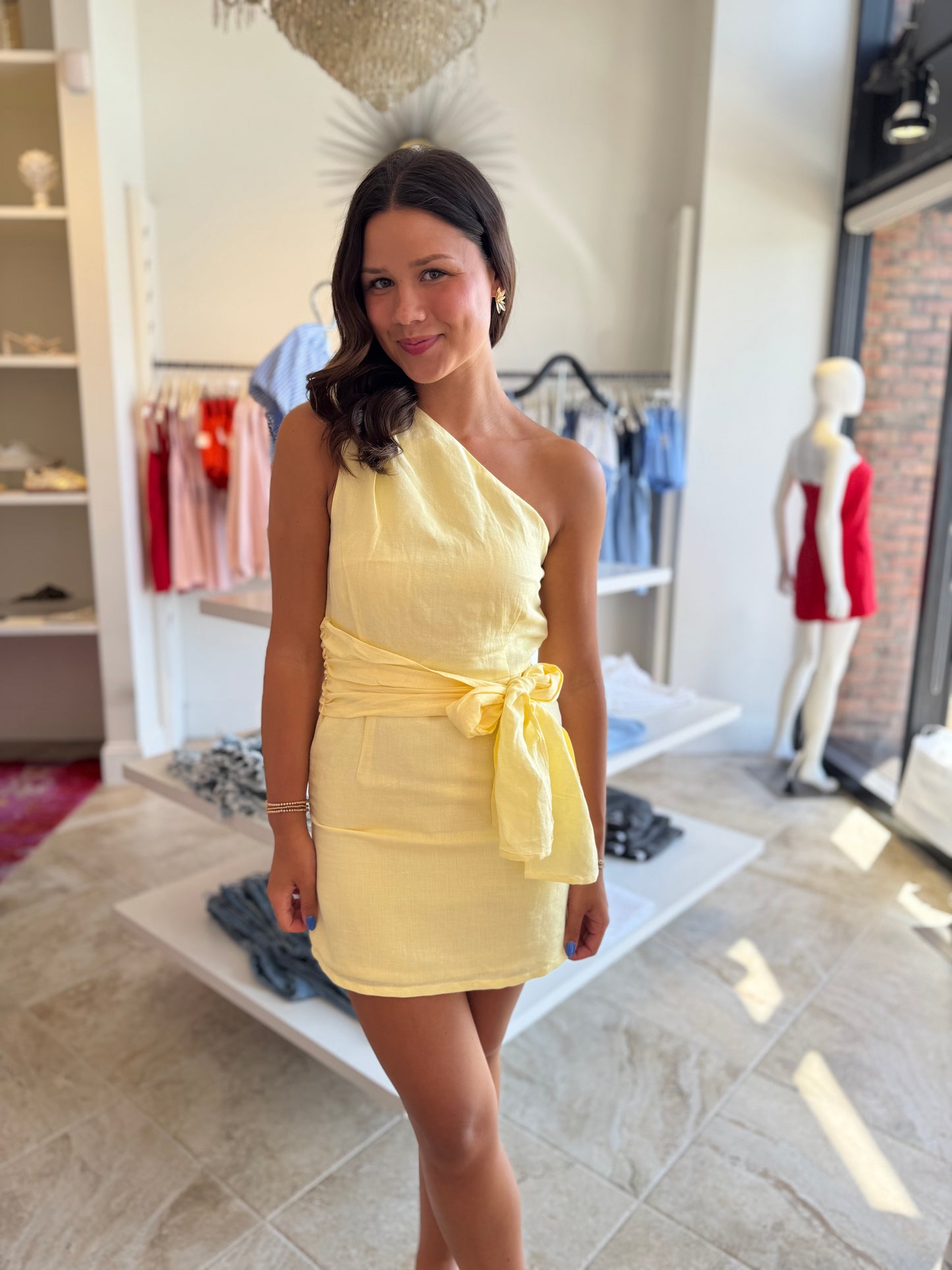 French Connection Birdie Linen Shoulder Tie Dress in Yellow