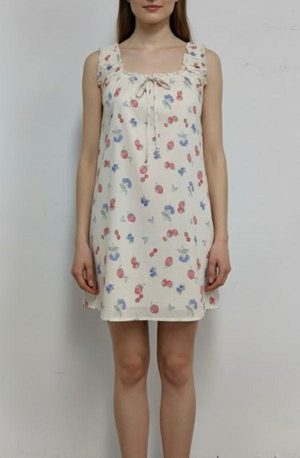 Nosef Fruit Printed Mini Dress in Ecru