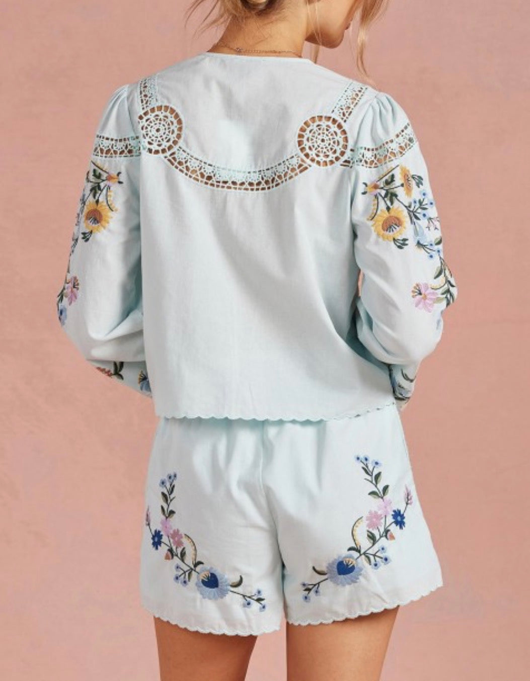 Jill Embroidered Top & Short Set in Light Sky Blue
