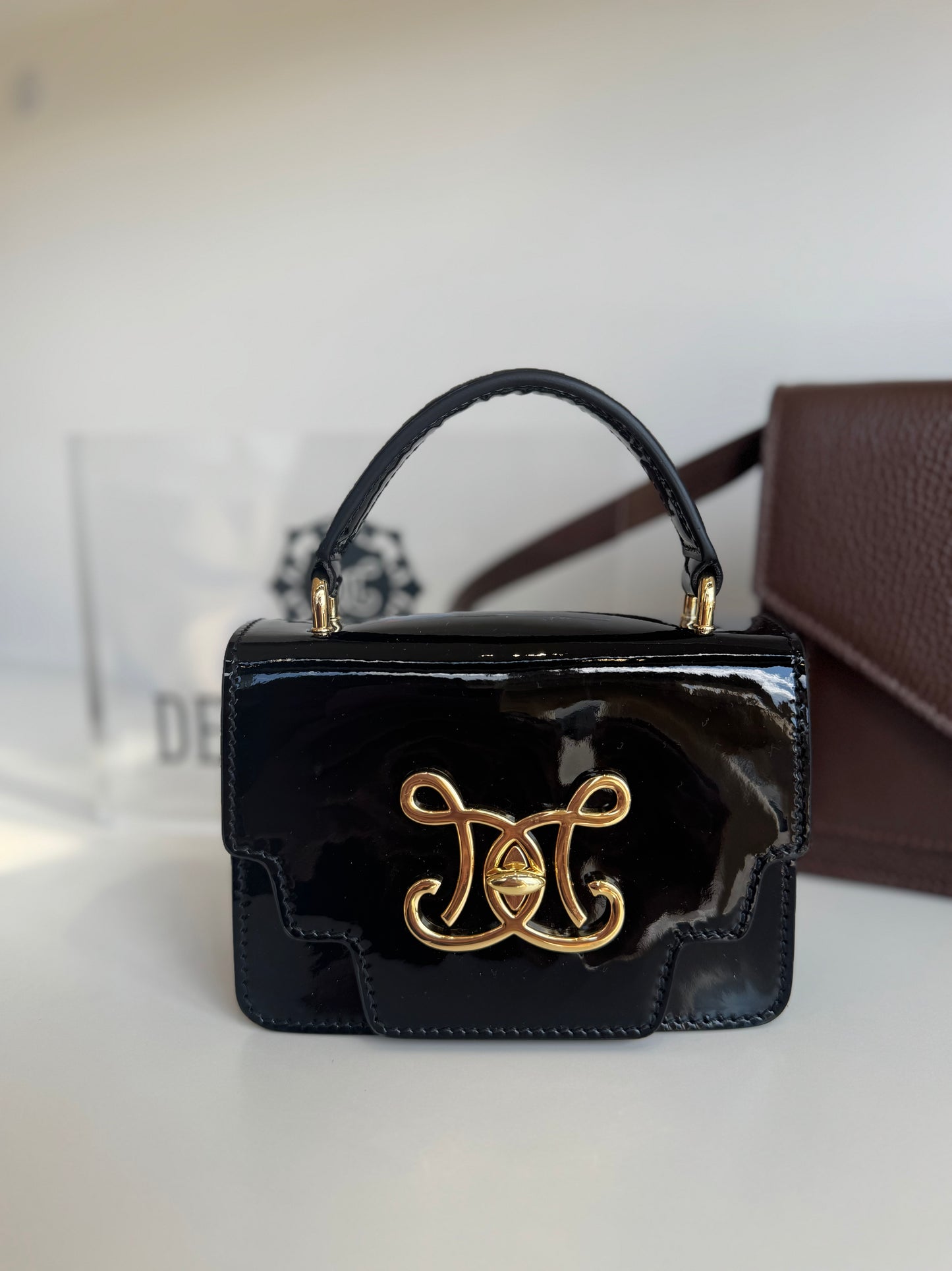 De Marquet Mini Box Purse in Patent Black