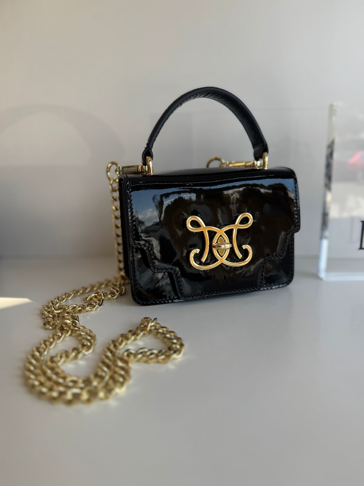 De Marquet Mini Box Purse in Patent Black