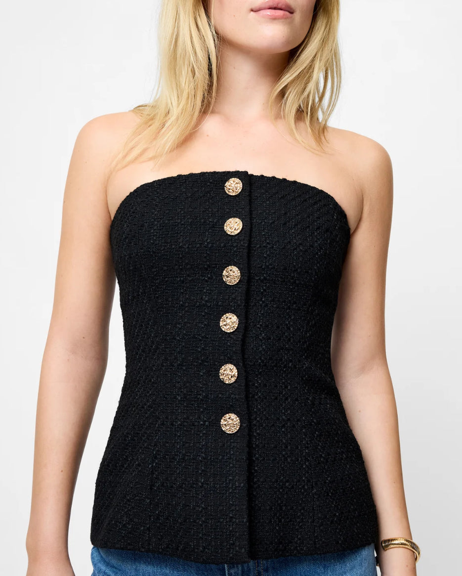 French Connection Structured Tweed Strapless Top in Black