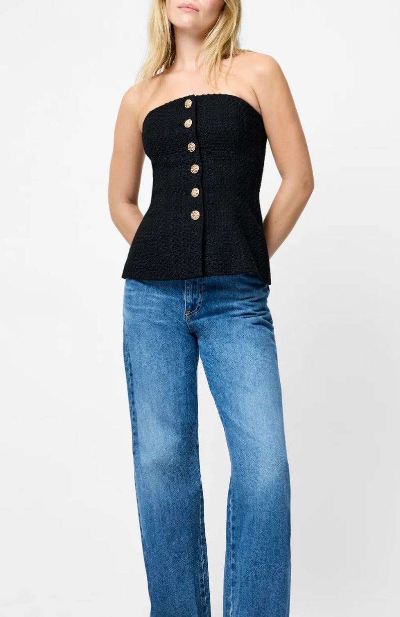 French Connection Structured Tweed Strapless Top in Black