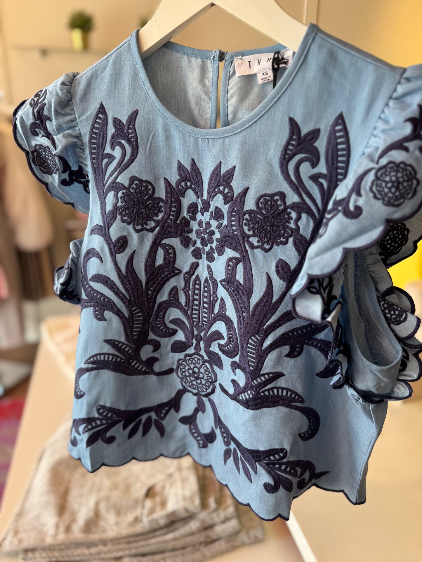Jayme Ruffle Sleeve Embroidered Top in Blue