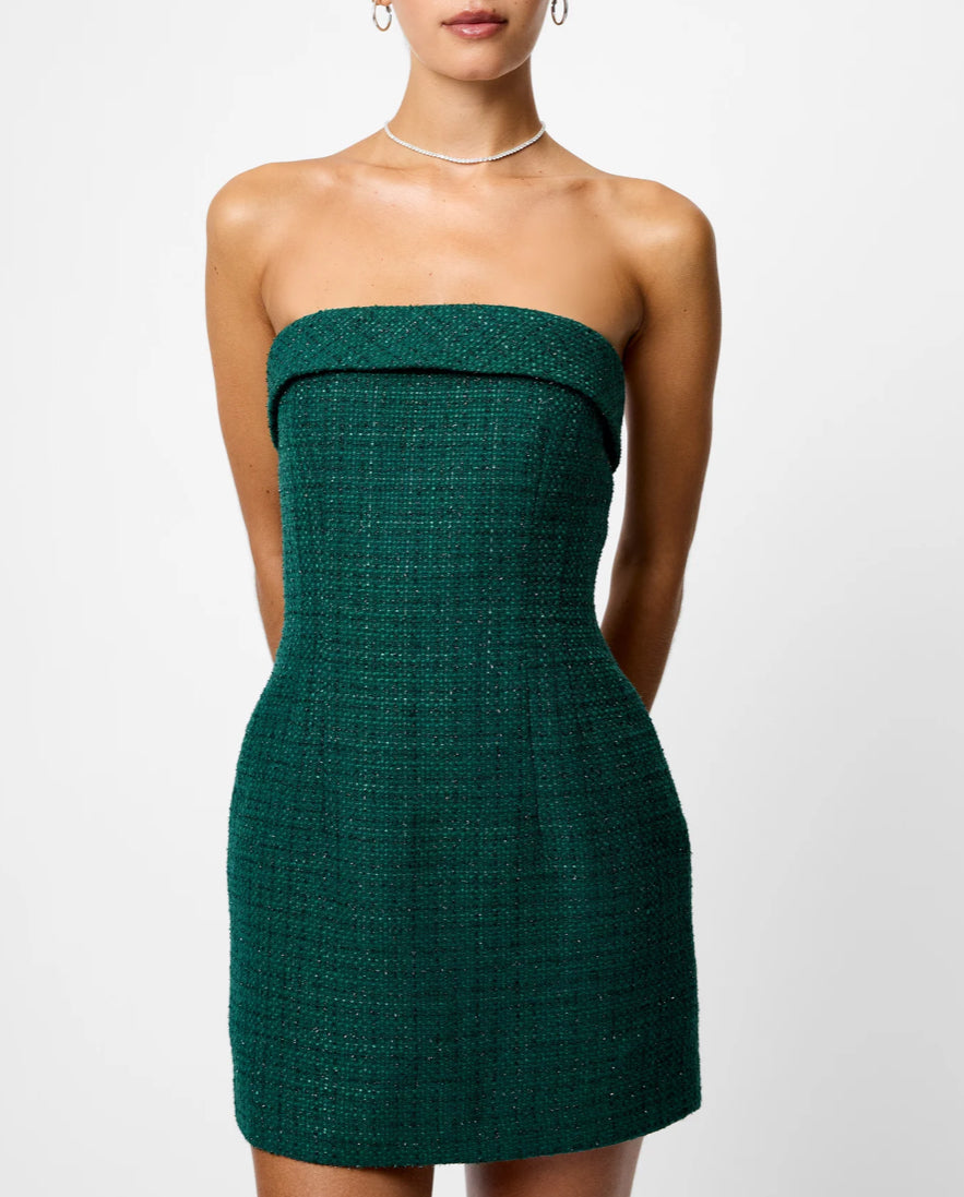 French Connection Shante Shimmer Strapless Dress in Evergreen
