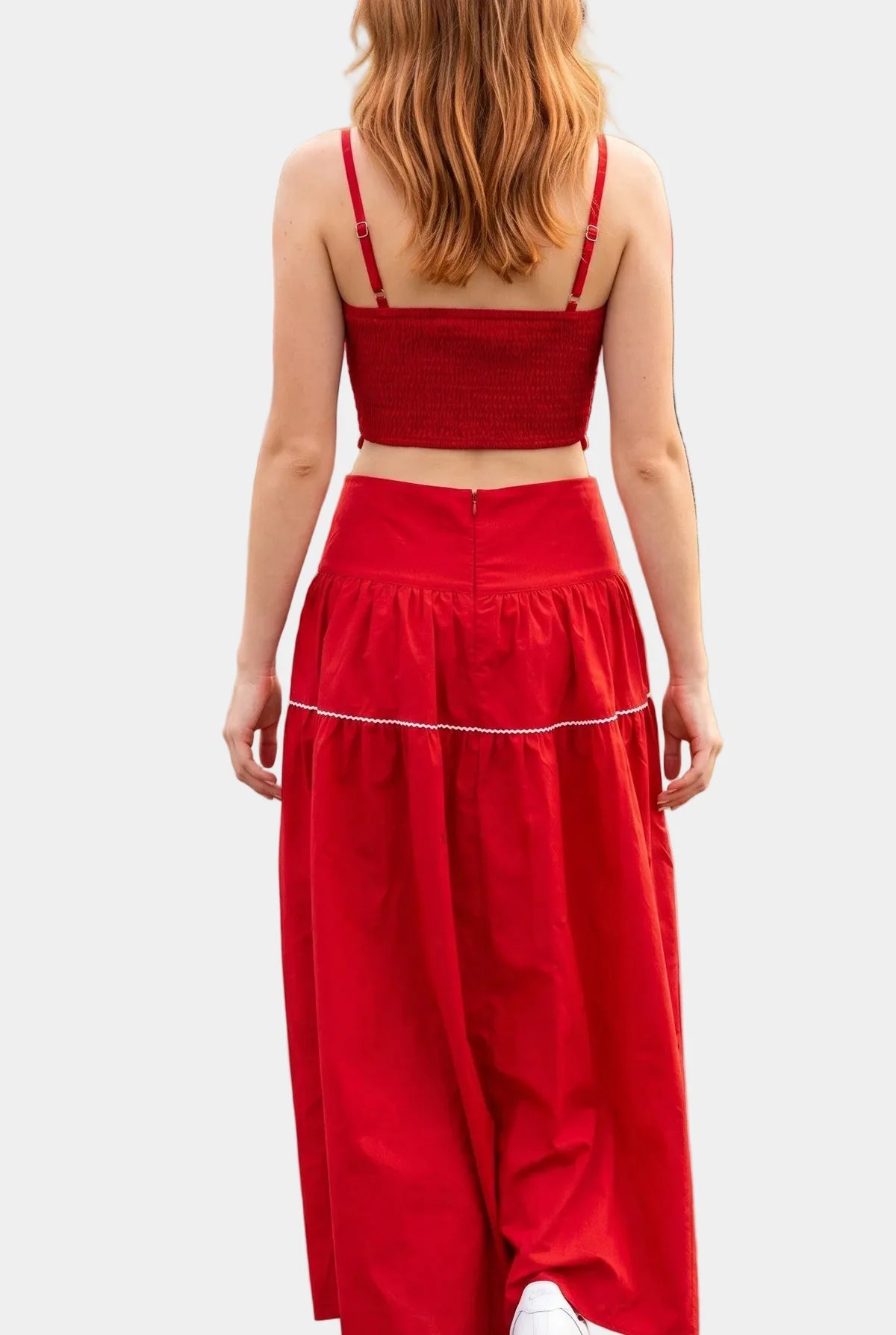 Posie Contrast Stitch Top & Skirt Set in Red White
