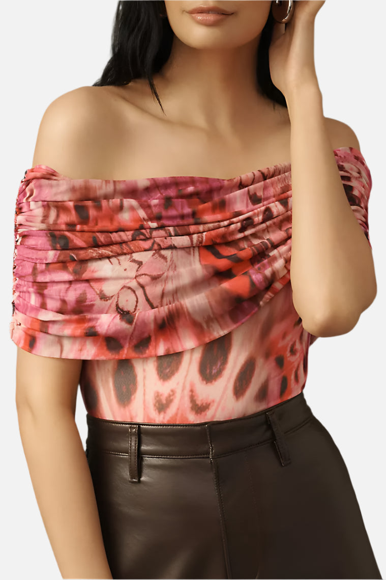 AFRM Divya Off The Shoulder Bodysuit in Berry Butterfly