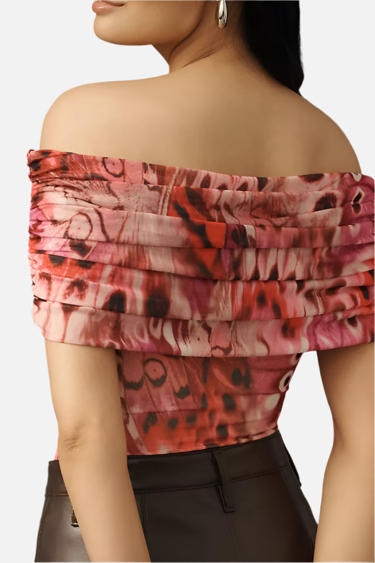 AFRM Divya Off The Shoulder Bodysuit in Berry Butterfly