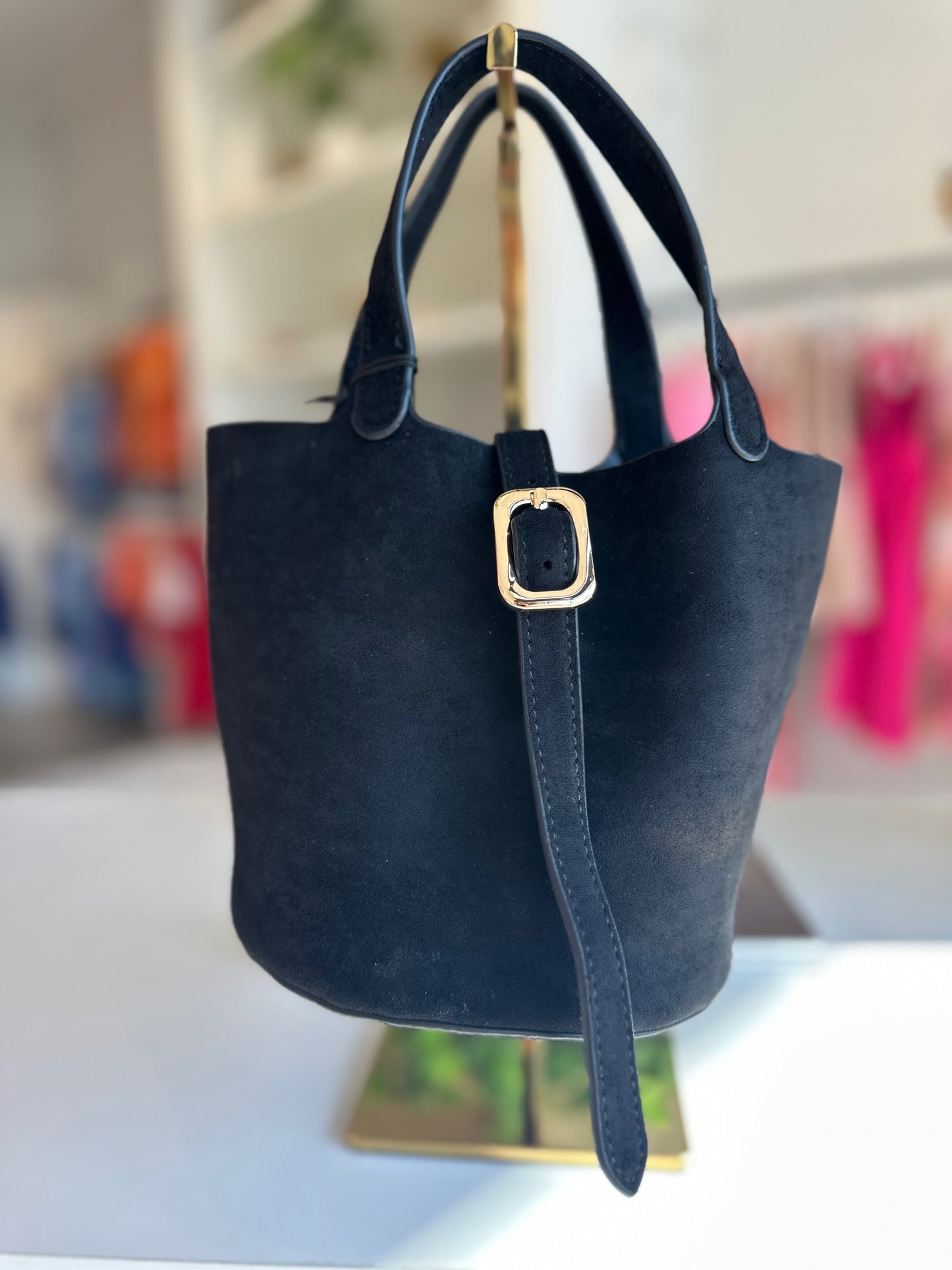 Remi & Reid Joya Bucket Bag in Black Suede