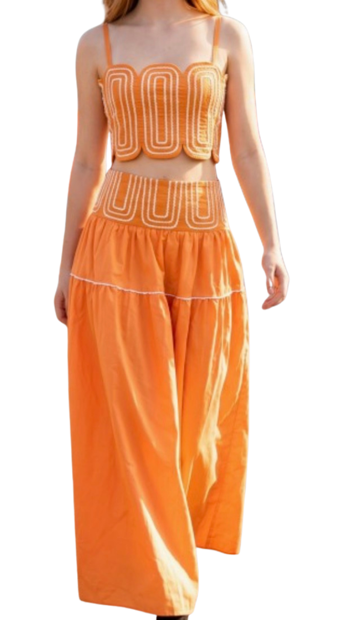Posie Contrast Stitch Top & Skirt Set in Orange White