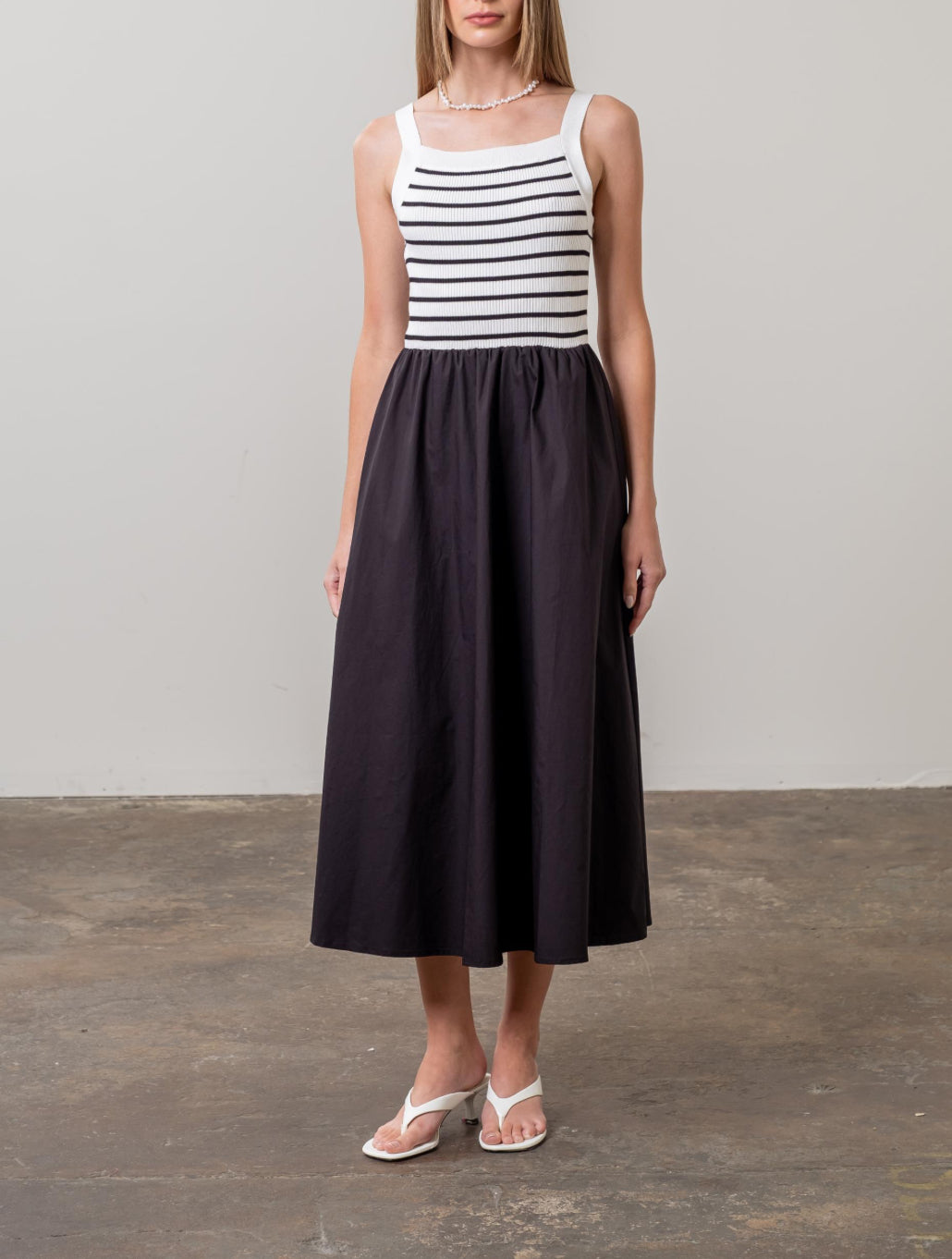 Moon River Square Neck Sweater Top Striped Woven Skirt Midi Dress