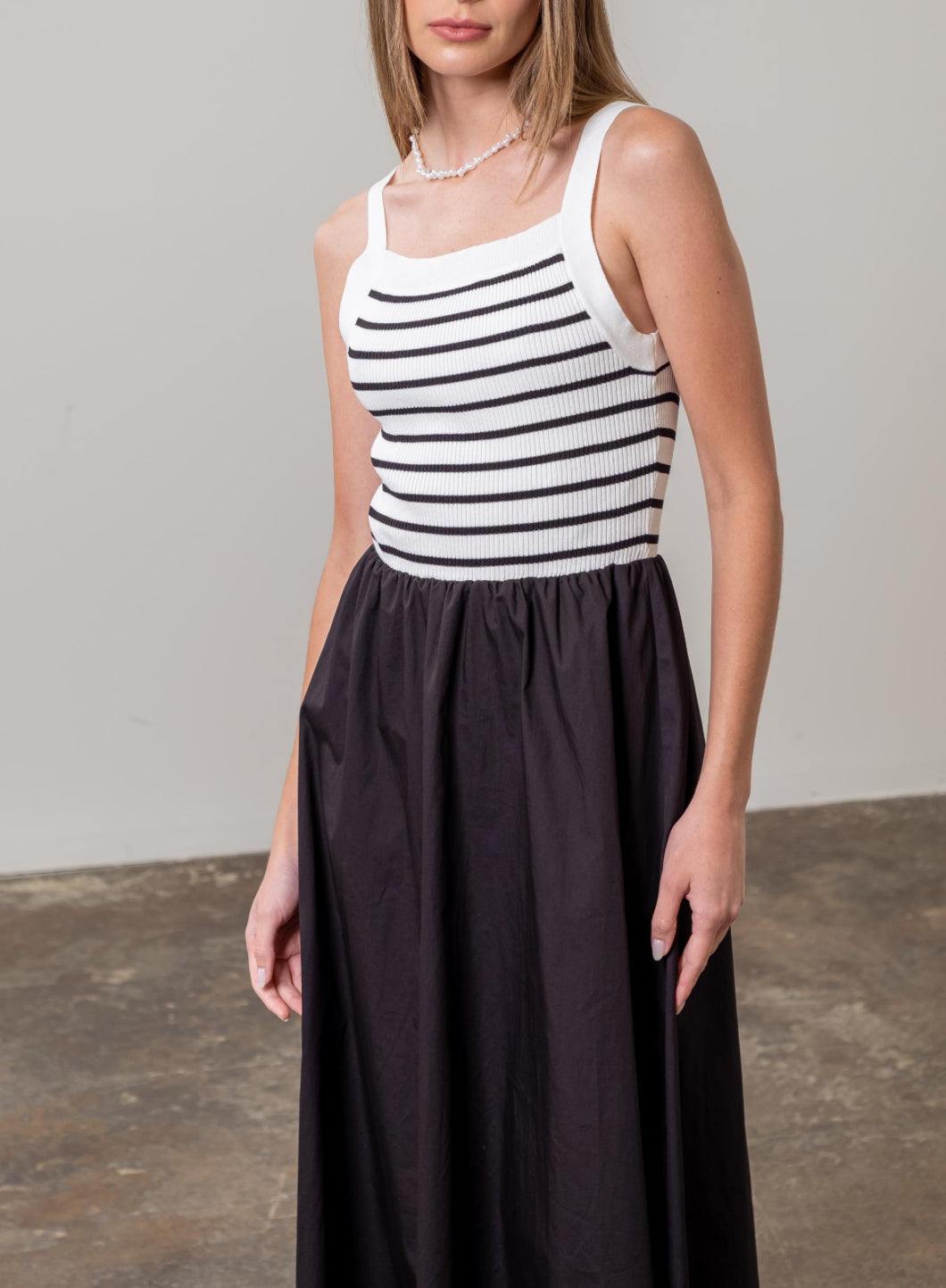 Moon River Square Neck Sweater Top Striped Woven Skirt Midi Dress