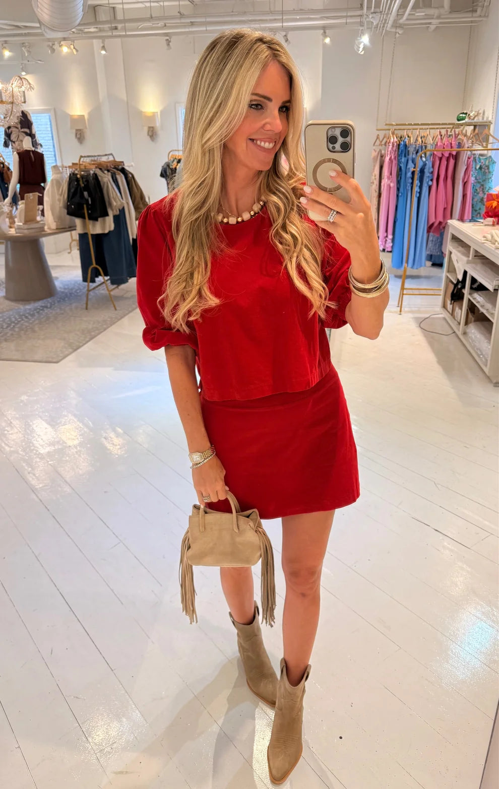 Stark X Cord Poppy Top & Rozz Skirt in Chili