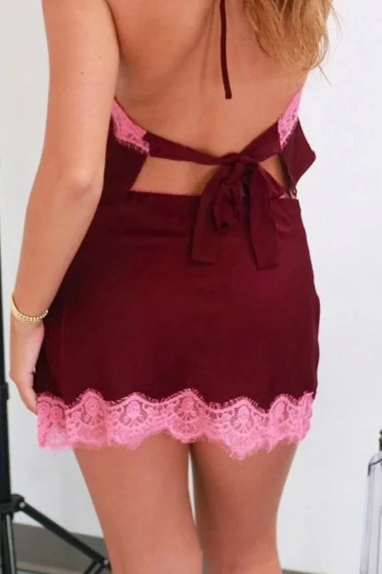 Maegan Lace Trim Halter Top & Skirt Set in Plum