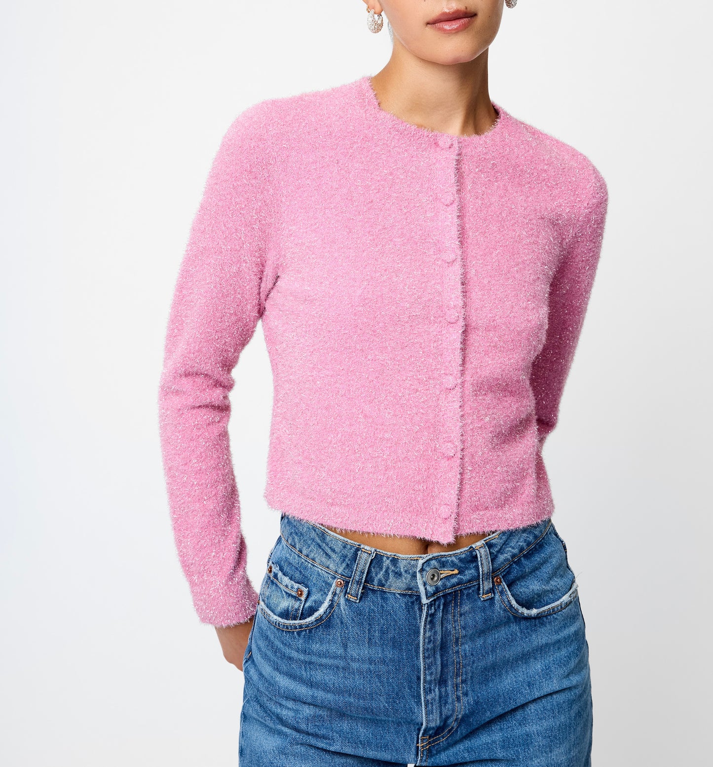 French Connection Tinsel Knit Slim Cardigan in Taffy Pink