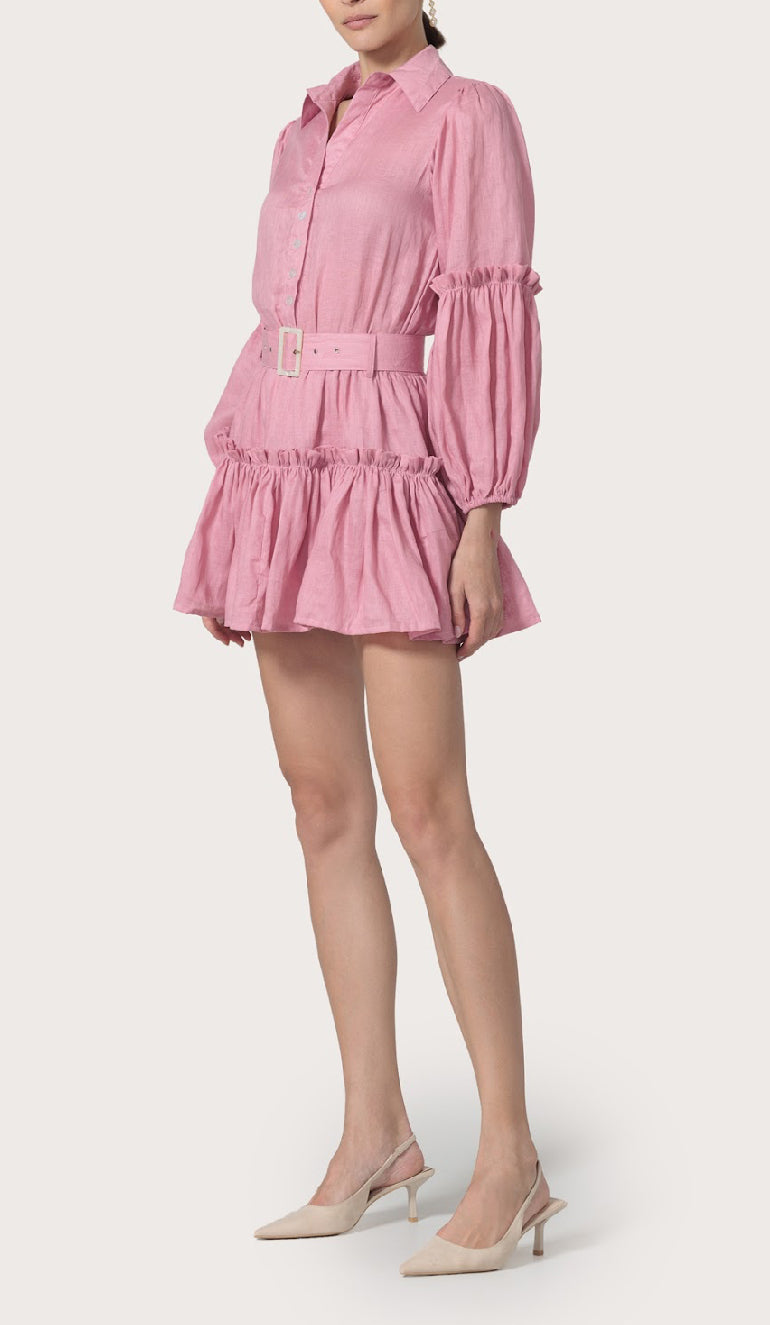 Lusana Lucia Belted Mini Linen Dress in Rose