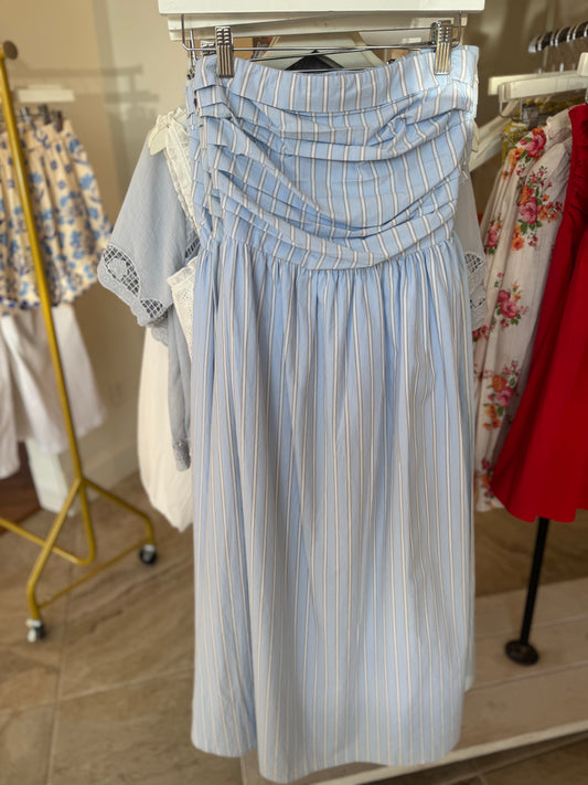 Rome Strapless Midi Dress in Sky White Stripe