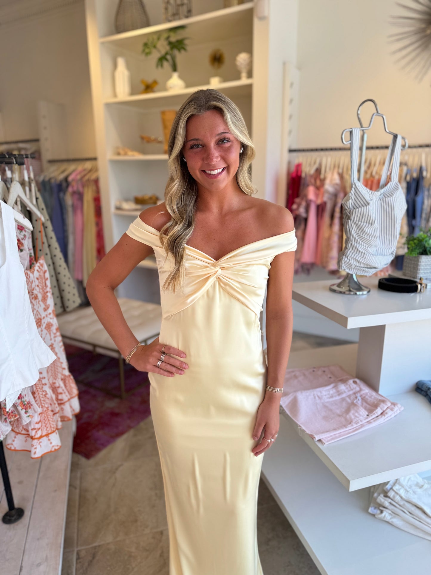 Katie May Liu Knotted Off Shoulder Gown in Butter Yellow