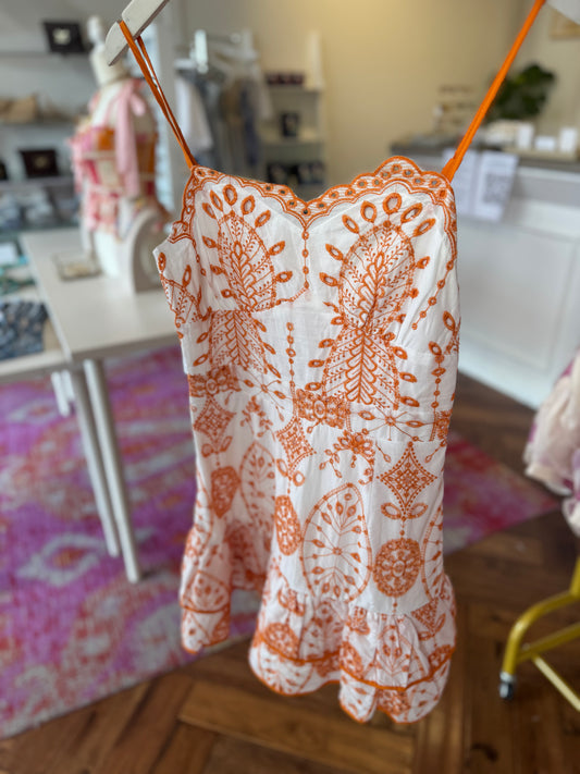 Erwin Eyelet Dress in White Orange