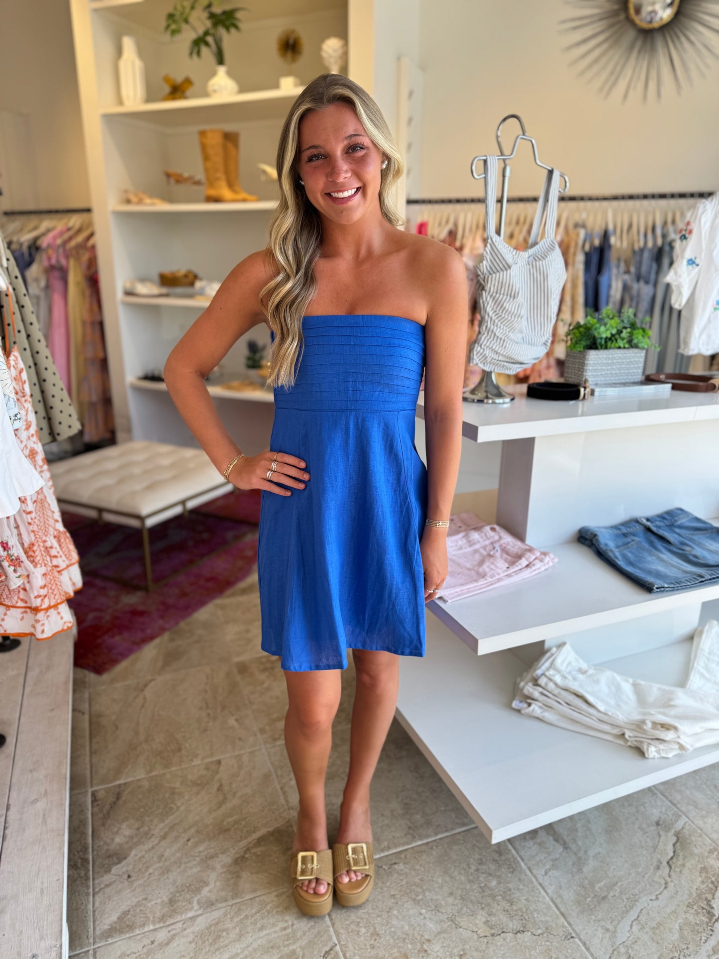 Lusana Talia Linen Mini Dress in Atlantic Blue