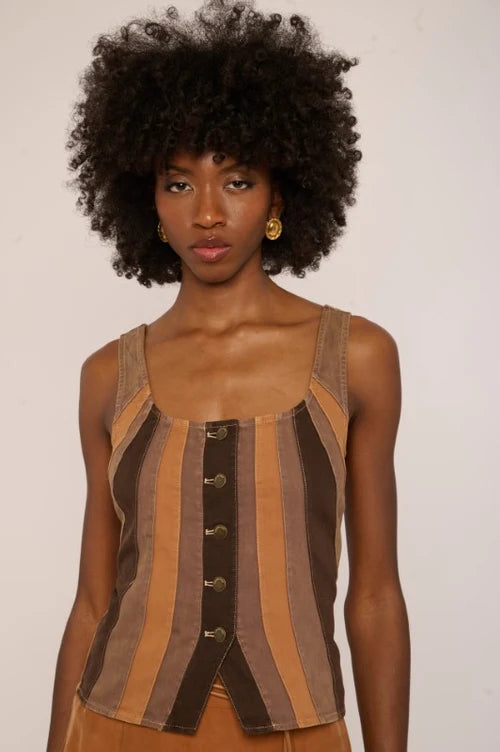 Love The Label Lenora Top in Brown Paneled Denim