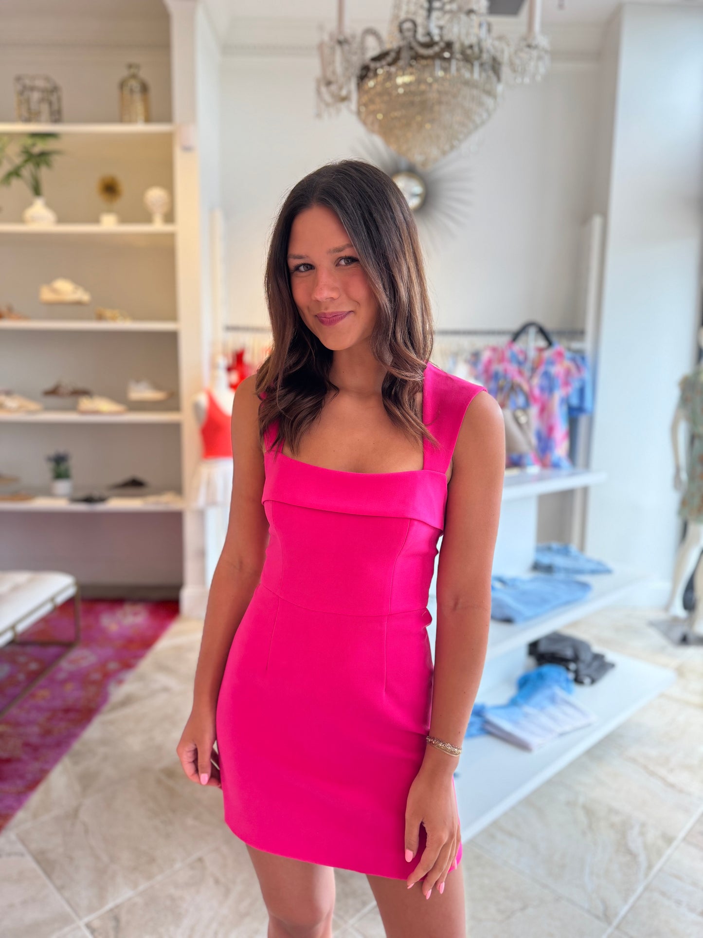 French Connection Whisper Foldover Square Neck Mini Dress in Cerise Pink