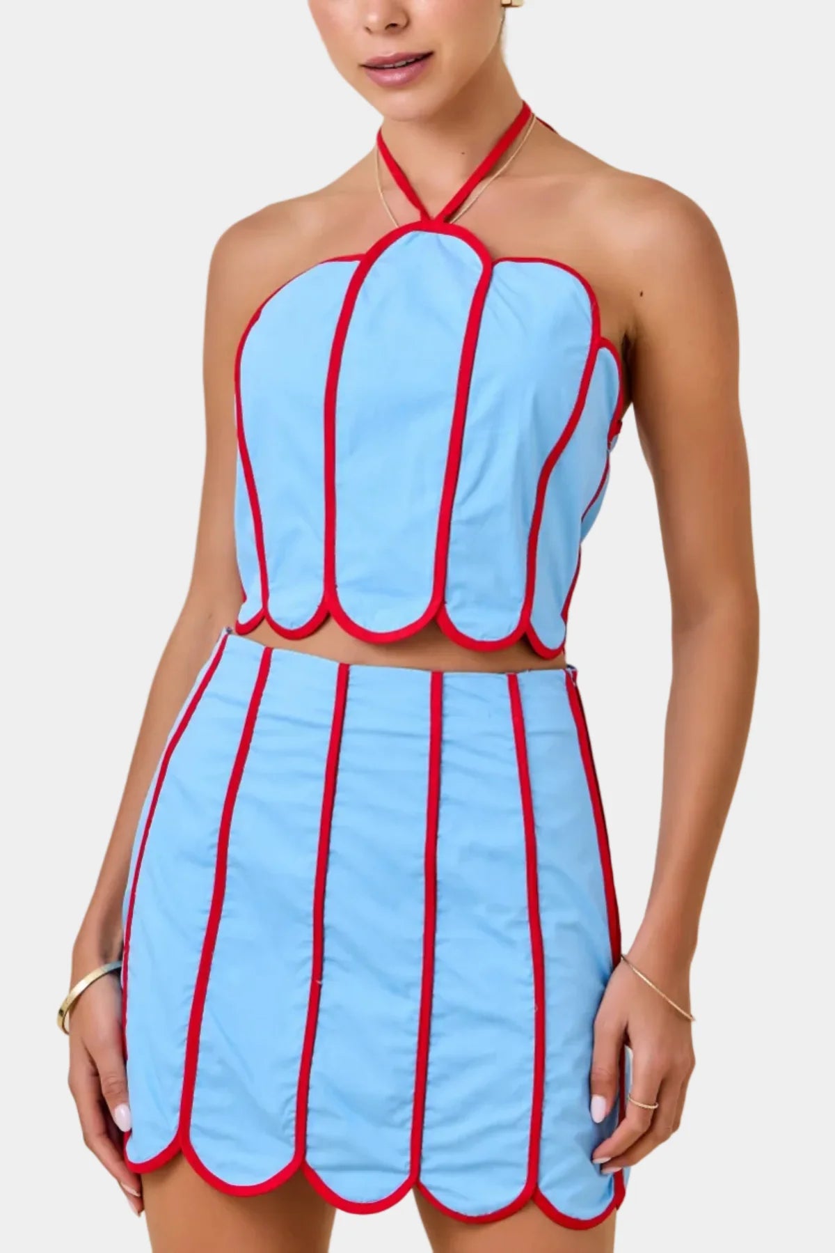 Reena Contrast Binding Scallop Halter Top & Skirt Set in Light Blue / Red