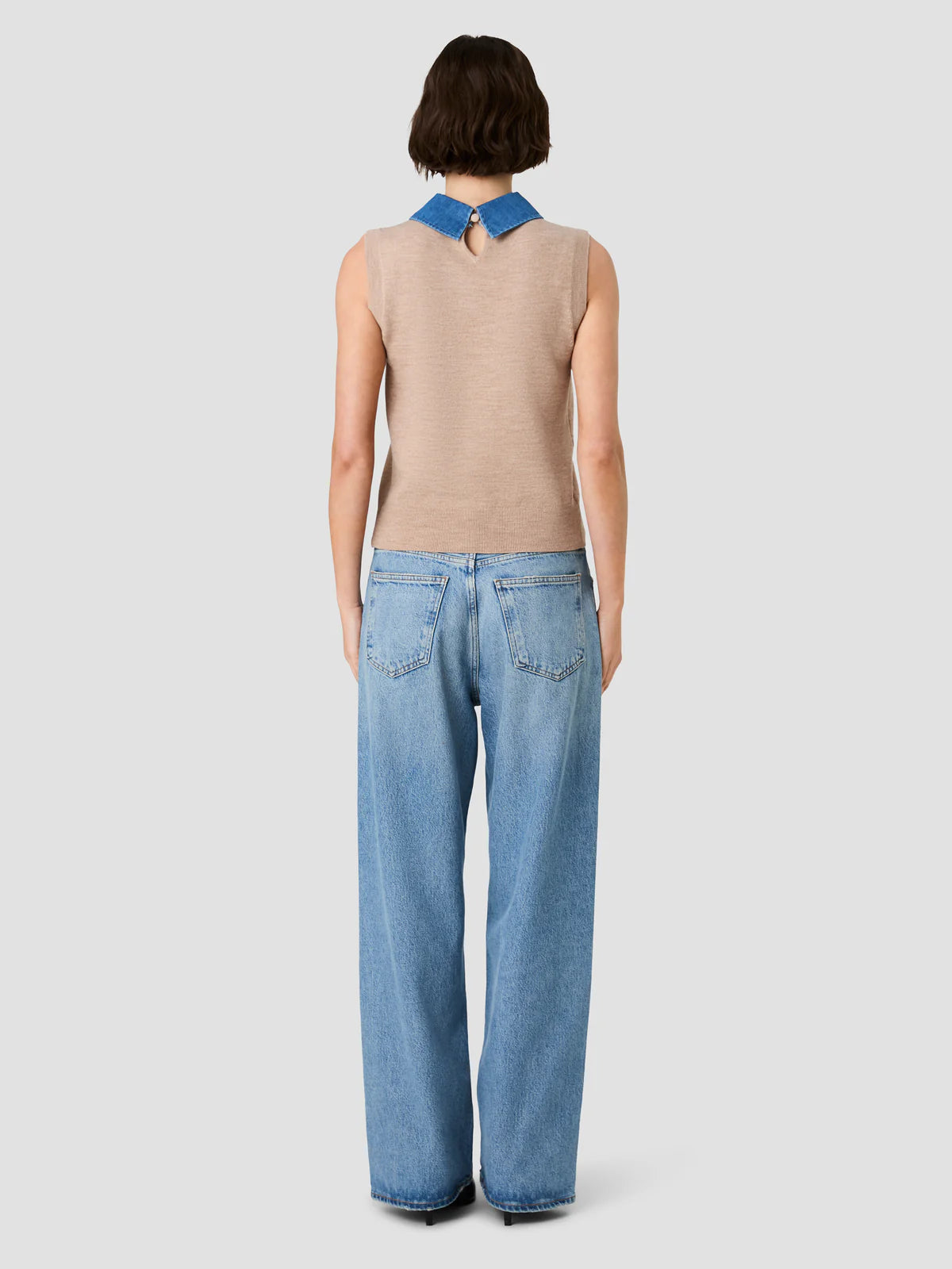 French Connection Babysoft Collared Knit Vest in Taupe Sky Blue Vintage