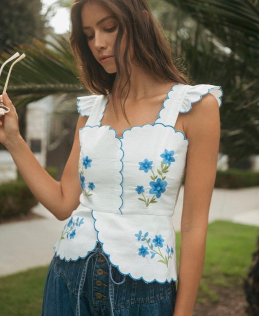 Searcy Floral Embroidered Top in Blue