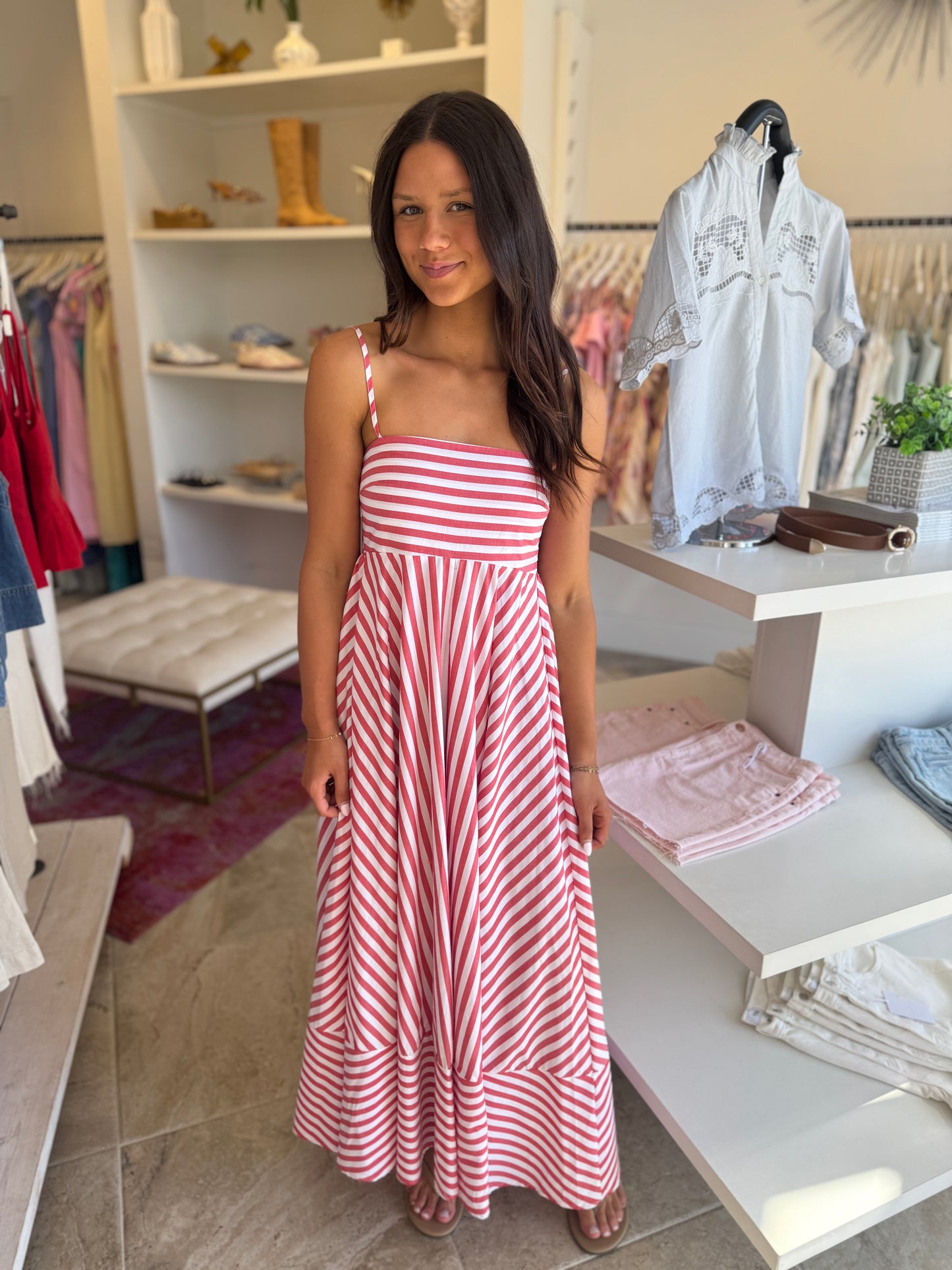 Sabrina Stripe Midi Dress in Red