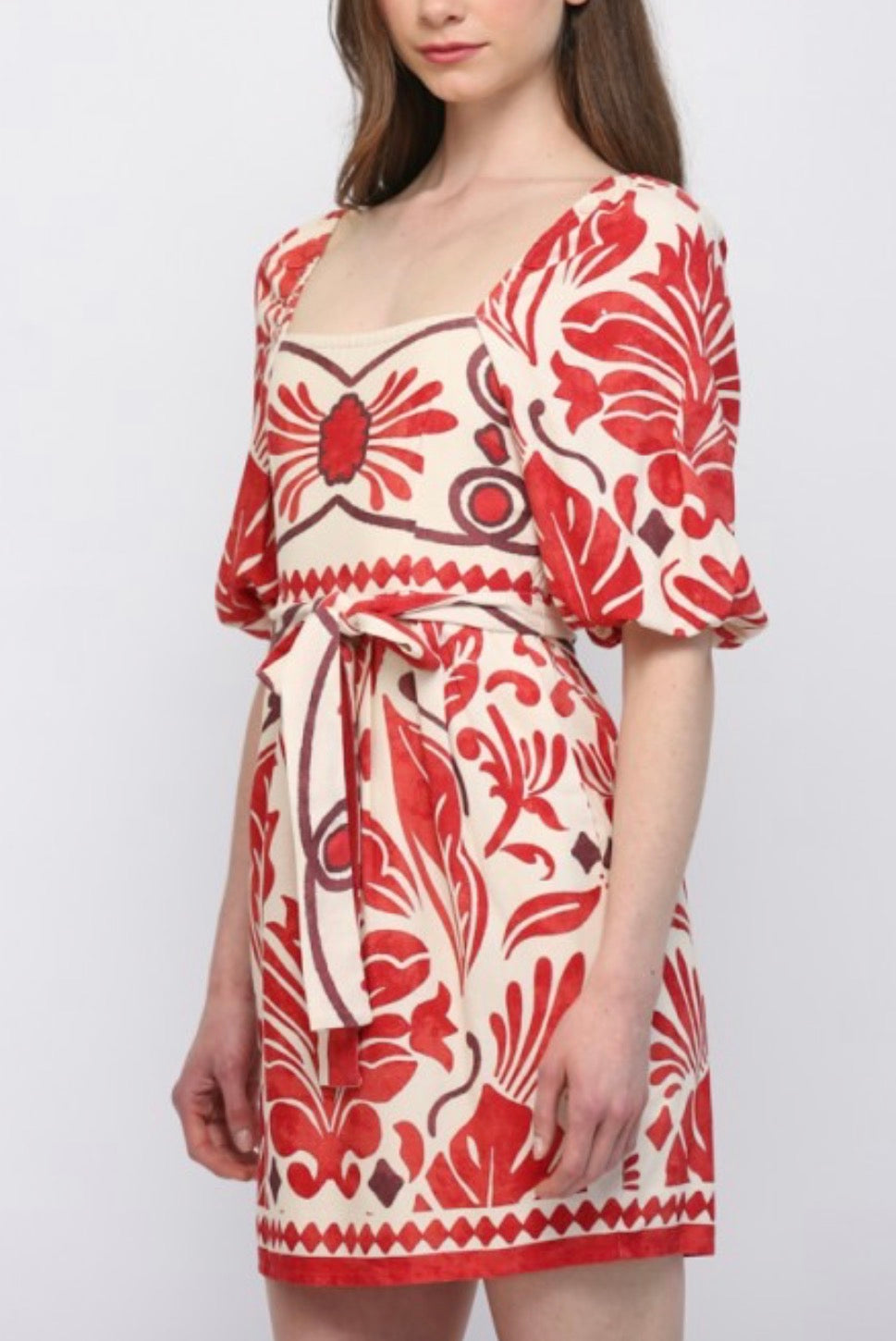 Reagan Tie Waist Mini Dress in Ivory Red