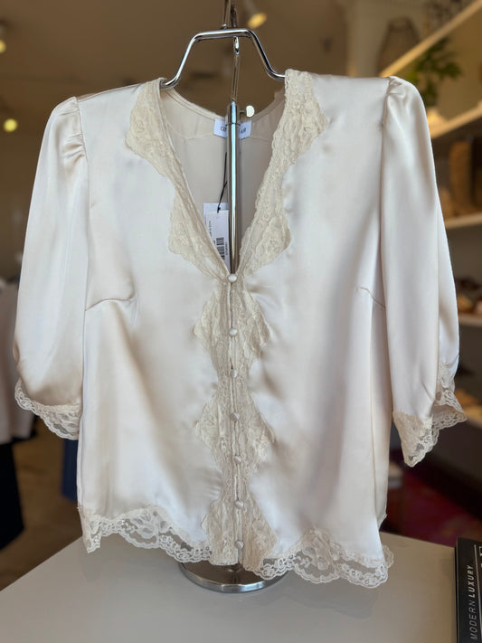 Maycee Satin Lace V Neck Blouse in Ecru