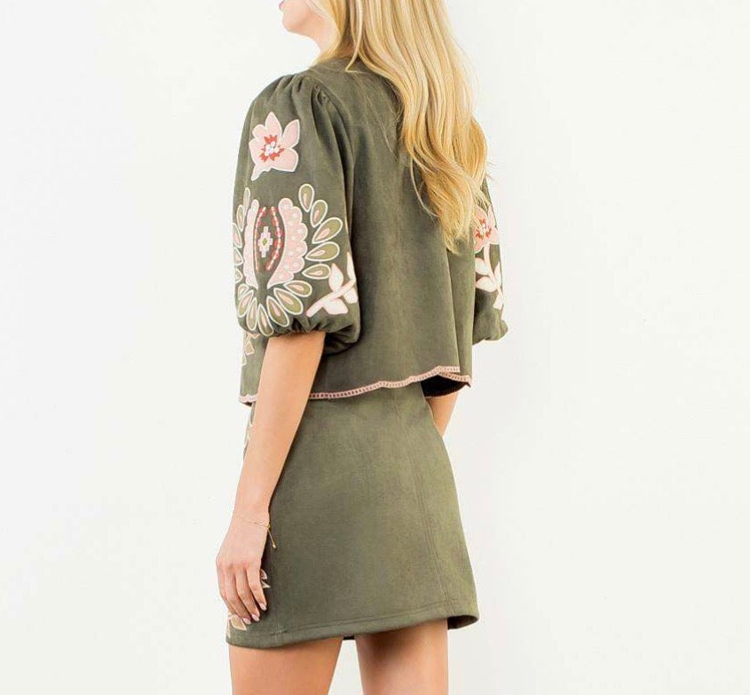 Vernon Suede Embroidered Blouse in Olive