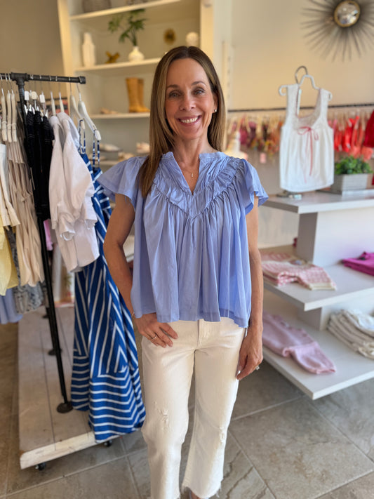 Phoebe Flutter Sleeve Blouse in Light Blue