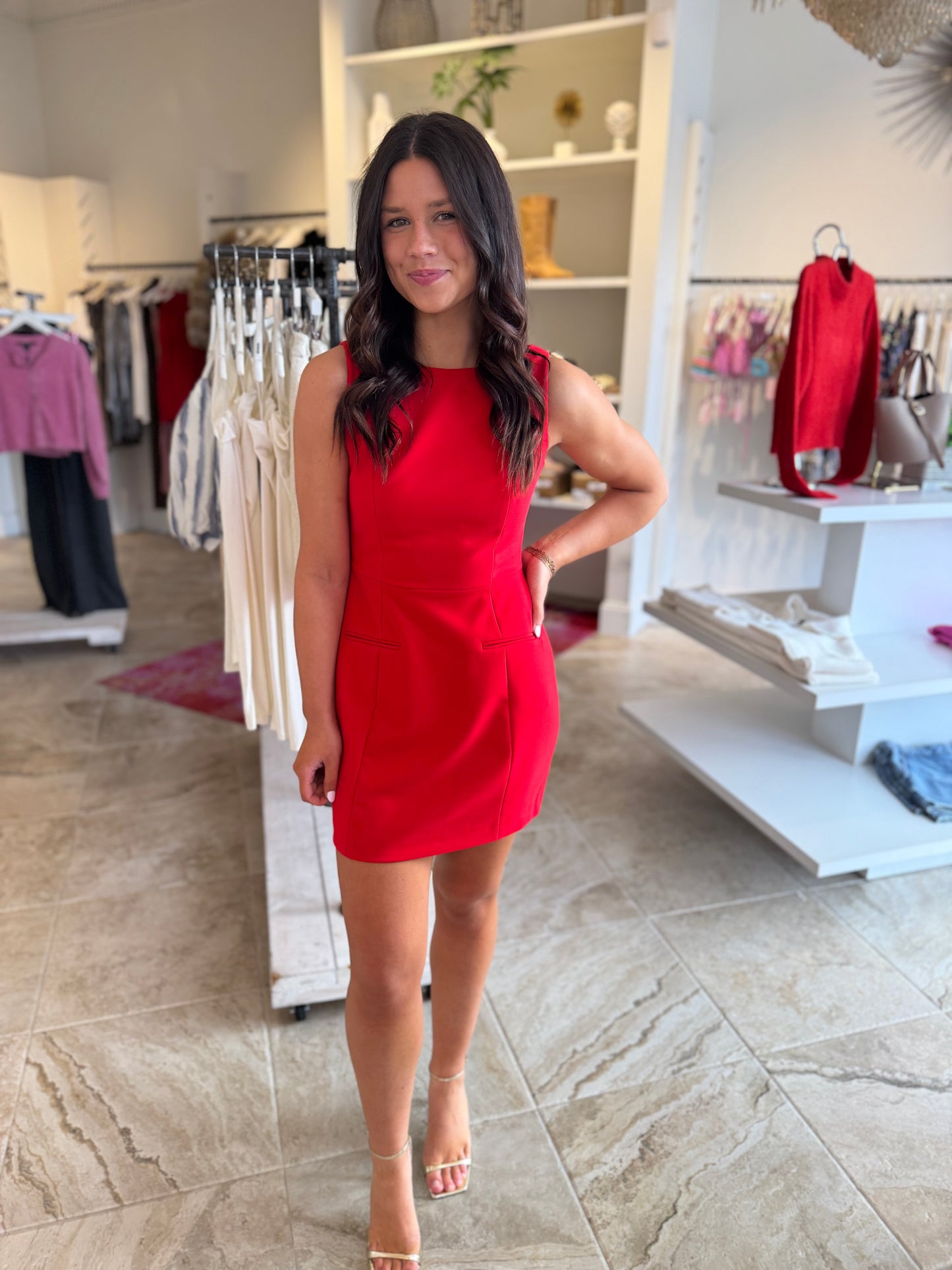 French Connection Whisper Boat Neck Dress in Crimson Red
