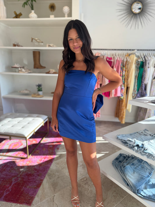 Melody Bow Back Tafetta Mini Dress in Royal Blue